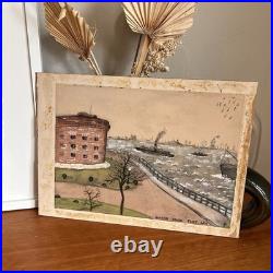 Vintage Watercolor Guard House Fort Jay Harbor Scene New York Painting Folk Art