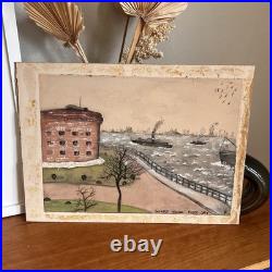 Vintage Watercolor Guard House Fort Jay Harbor Scene New York Painting Folk Art
