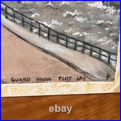 Vintage Watercolor Guard House Fort Jay Harbor Scene New York Painting Folk Art