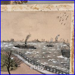 Vintage Watercolor Guard House Fort Jay Harbor Scene New York Painting Folk Art