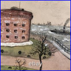 Vintage Watercolor Guard House Fort Jay Harbor Scene New York Painting Folk Art