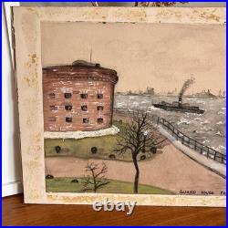Vintage Watercolor Guard House Fort Jay Harbor Scene New York Painting Folk Art