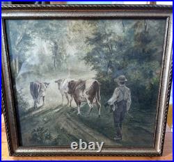 Vintage Watercolor Painting Cows Boy On Dirt Road With Cattle Framer Landscape