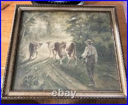 Vintage Watercolor Painting Cows Boy On Dirt Road With Cattle Framer Landscape