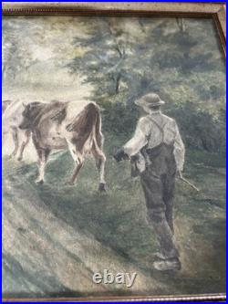 Vintage Watercolor Painting Cows Boy On Dirt Road With Cattle Framer Landscape