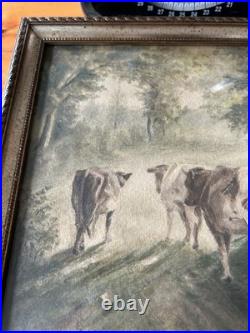 Vintage Watercolor Painting Cows Boy On Dirt Road With Cattle Framer Landscape