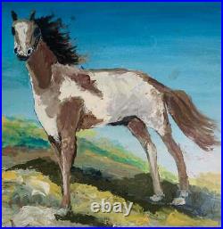 Vintage Western Folk Art Painting Wild Mustang Horse Top Of Windy Mountain Naive