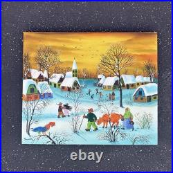 Vintage Winter Snow Village Oil Painting Folk Art Canvas A. Kowalski 24X20