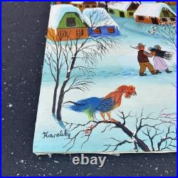 Vintage Winter Snow Village Oil Painting Folk Art Canvas A. Kowalski 24X20