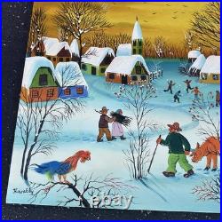 Vintage Winter Snow Village Oil Painting Folk Art Canvas A. Kowalski 24X20