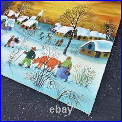 Vintage Winter Snow Village Oil Painting Folk Art Canvas A. Kowalski 24X20