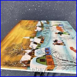 Vintage Winter Snow Village Oil Painting Folk Art Canvas A. Kowalski 24X20