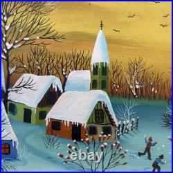 Vintage Winter Snow Village Oil Painting Folk Art Canvas A. Kowalski 24X20