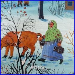 Vintage Winter Snow Village Oil Painting Folk Art Canvas A. Kowalski 24X20