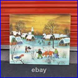 Vintage Winter Snow Village Oil Painting Folk Art Canvas A. Kowalski 24X20