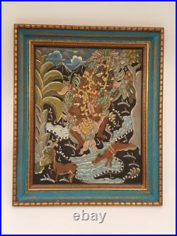 Vintage carved and painted wood painting panel framed Balinese dimensional