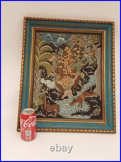 Vintage carved and painted wood painting panel framed Balinese dimensional