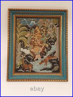 Vintage carved and painted wood painting panel framed Balinese dimensional