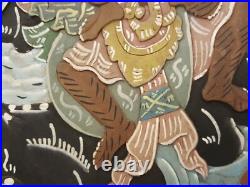 Vintage carved and painted wood painting panel framed Balinese dimensional