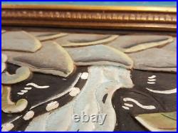 Vintage carved and painted wood painting panel framed Balinese dimensional