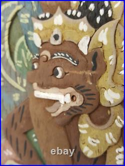 Vintage carved and painted wood painting panel framed Balinese dimensional