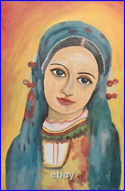 Vintage fauvist oil painting woman with folk costume portrait