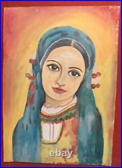 Vintage fauvist oil painting woman with folk costume portrait