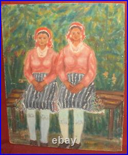 Vintage fauvist oil painting women with folk costumes portrait signed