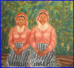 Vintage fauvist oil painting women with folk costumes portrait signed