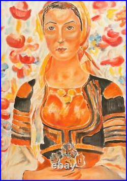 Vintage folk art oil painting woman with flowers portrait