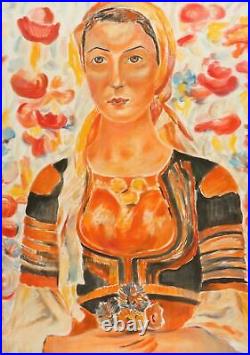 Vintage folk art oil painting woman with flowers portrait