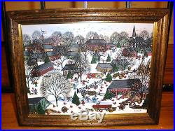 Vintage oil canvas painting listed artist Jo Sickbert 1931 folk winter village
