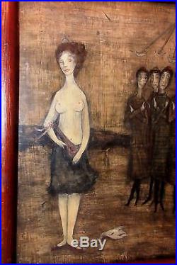 Vintage original Carol Blanchard 1940's figural nude oil painting Folk Art