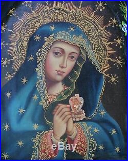 Virgin Mary Sacred Heart Original Painting & Milagros Retablo Mexico Folk Art
