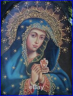 Virgin Mary Sacred Heart Original Painting & Milagros Retablo Mexico Folk Art
