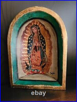 Virgin of Guadalupe Our Lady Hand painted wood Nicho SIGNED Mexico Gold Accents