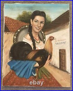 Vntg Portrait Woman Holding Rooster Chicken Hispanic Folk Art 20 X 16 Original