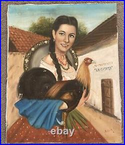 Vntg Portrait Woman Holding Rooster Chicken Hispanic Folk Art 20 X 16 Original