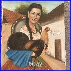 Vntg Portrait Woman Holding Rooster Chicken Hispanic Folk Art 20 X 16 Original