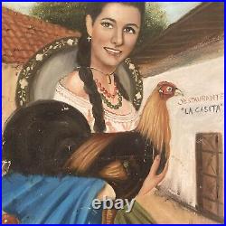Vntg Portrait Woman Holding Rooster Chicken Hispanic Folk Art 20 X 16 Original
