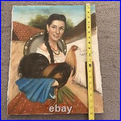 Vntg Portrait Woman Holding Rooster Chicken Hispanic Folk Art 20 X 16 Original
