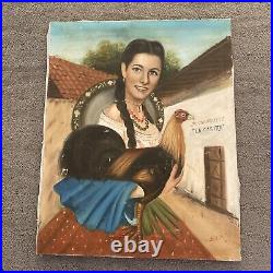 Vntg Portrait Woman Holding Rooster Chicken Hispanic Folk Art 20 X 16 Original