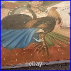 Vntg Portrait Woman Holding Rooster Chicken Hispanic Folk Art 20 X 16 Original