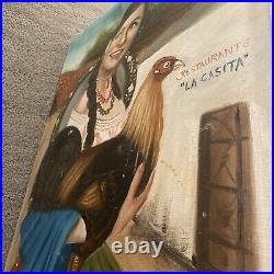 Vntg Portrait Woman Holding Rooster Chicken Hispanic Folk Art 20 X 16 Original