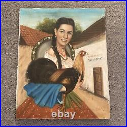 Vntg Portrait Woman Holding Rooster Chicken Hispanic Folk Art 20 X 16 Original