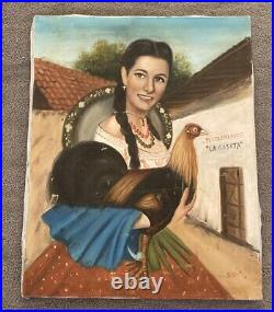 Vntg Portrait Woman Holding Rooster Chicken Hispanic Folk Art 20 X 16 Original