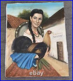 Vntg Portrait Woman Holding Rooster Chicken Hispanic Folk Art 20 X 16 Original
