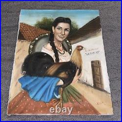 Vntg Portrait Woman Holding Rooster Chicken Hispanic Folk Art 20 X 16 Original
