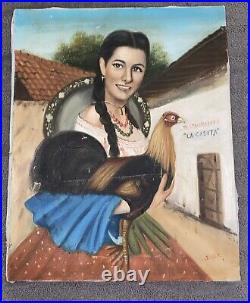 Vntg Portrait Woman Holding Rooster Chicken Hispanic Folk Art 20 X 16 Original