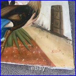 Vntg Portrait Woman Holding Rooster Chicken Hispanic Folk Art 20 X 16 Original